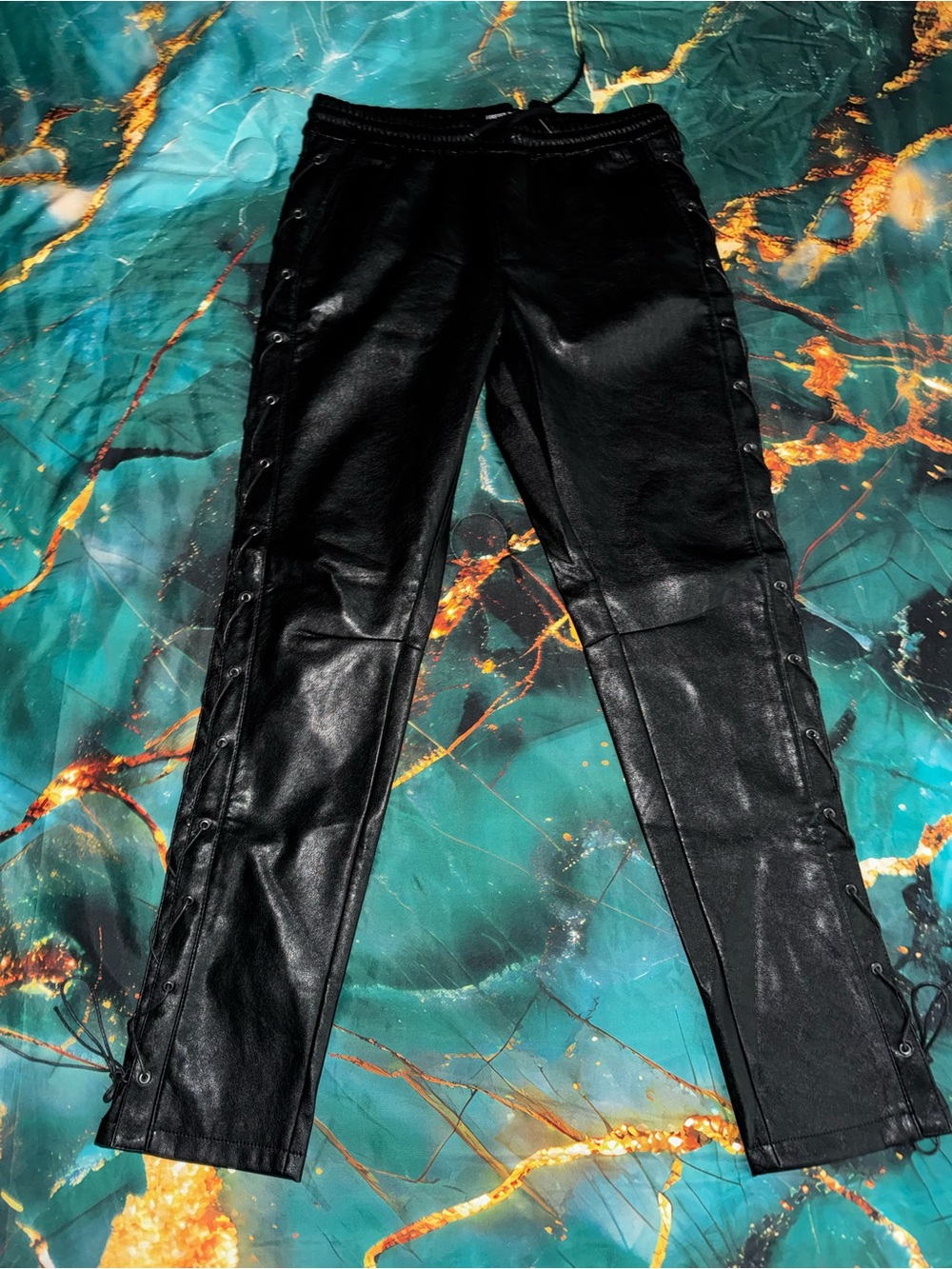 Forever 21 MEN - Black Faux Leather Lace-Up Faux Leather Joggers
